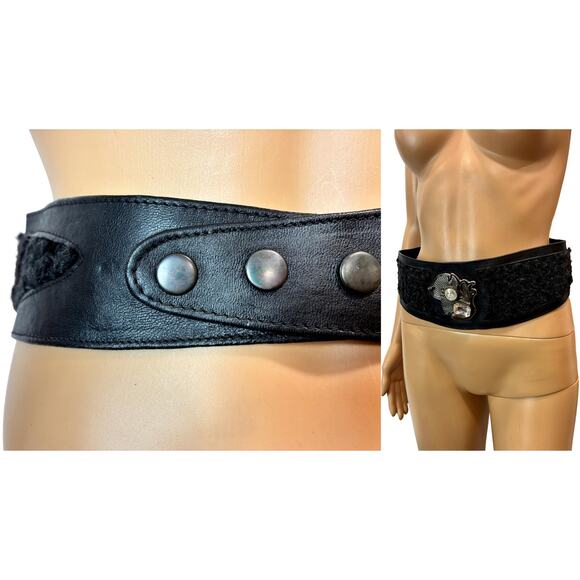 80s Black Leather Persian Lamb Wide Waist Belt • Statement Rhinestone Buckle main image 4